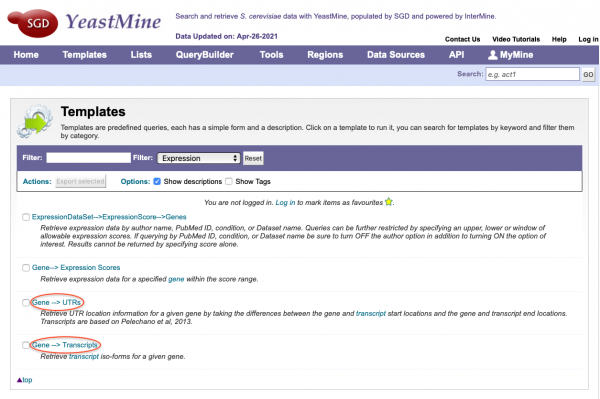 Transcript and UTR YeastMine Templates